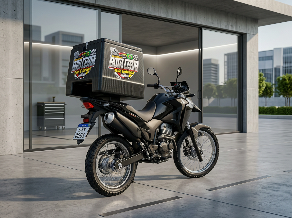 Moto Rota Certa equipada com baú para entregas em Joinville